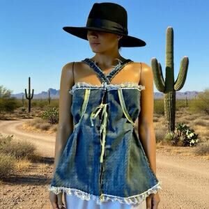 VTG OldNavy BlueDenim LaceTrim Corset Coquette Babydoll Handmade Up cycle L/XL